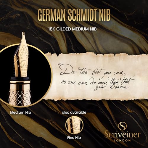 Image of Scriveiner Luxury Fountain Pen - Stunning Gold Pen, Real Gold Plating, Schmidt Gilded Nib (Medium), Converter, Best Pen Gift Set for Men & Women, Professional, Executive, Office, Nice Pens