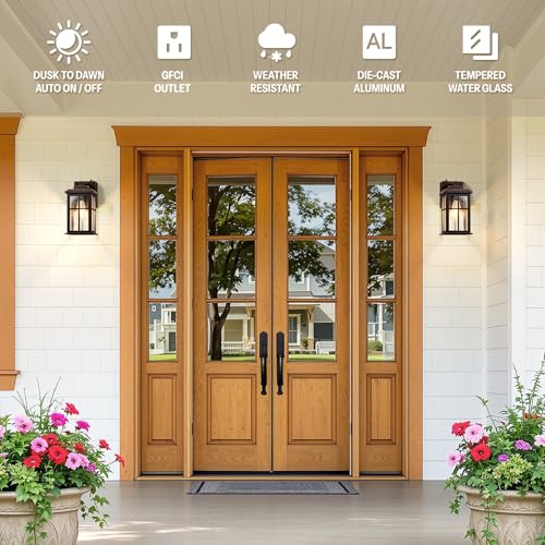 Image of Gleamz Outdoor Porch Light with GFCI Outlet, Anti-Rust Outdoor Wall Sconce | ORB Gold Trim, Weatherproof, Farmhouse Exterior Lighting Fixtures Wall Mount for Garage, Outside Lights for House with Outlet