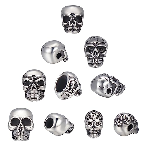 UNICRAFTALE 10Pcs 5 Style Skull Beads Stainless Steel Spacer Beads Antique Silver Skull Head Loose Beads 2~8mm Large Hole Skull European Beads Metal Beads for Jewelry Making DIY Bracelet Necklace