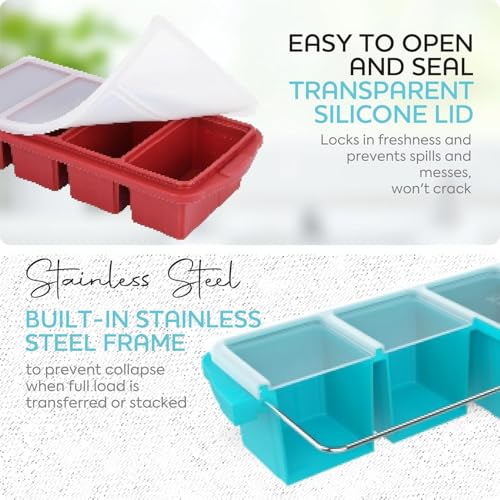 Image of Silicone Freezer Tray With Lid-Soup Freezer Container molds-Large Ice Cube Tray Set Makes 1-Cup & 2-Cup portions cubes Perfect for preparing meals in different portion sizes Oven & Dishwasher -Safe