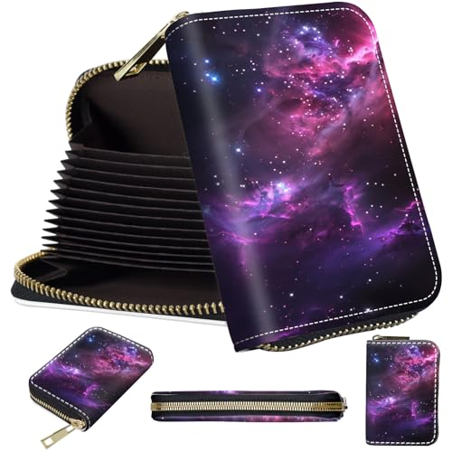 Mini Card Holder Wallet for Women, Small Zipper Credit Card Case with RFID Blocking, Compact PU Leather Accordion Card Organizer for Girls, Cute Pattern Women Wallet Purse, Purple Galaxy