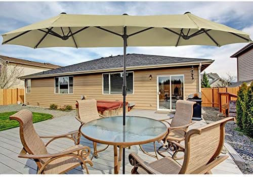 PHI VILLA 13ft Outdoor Market Umbrella Double-Sided Twin Large Patio Umbrella with Crank, Beige