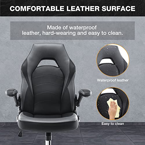 Image of Ergonomic Gaming Office Chair - PU Leather Executive Swivel Computer Desk Chair with Flip-up Armrests and Lumbar Support for Working, Studying, Gaming, Grey