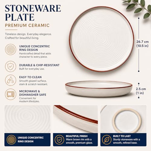 Image of TRESA Stoneware Ceramic Dinner Plate | White with Brown Rim |10.5 Inch, Matte Finish, Cafe Style Textured Round Plate for Everyday Use