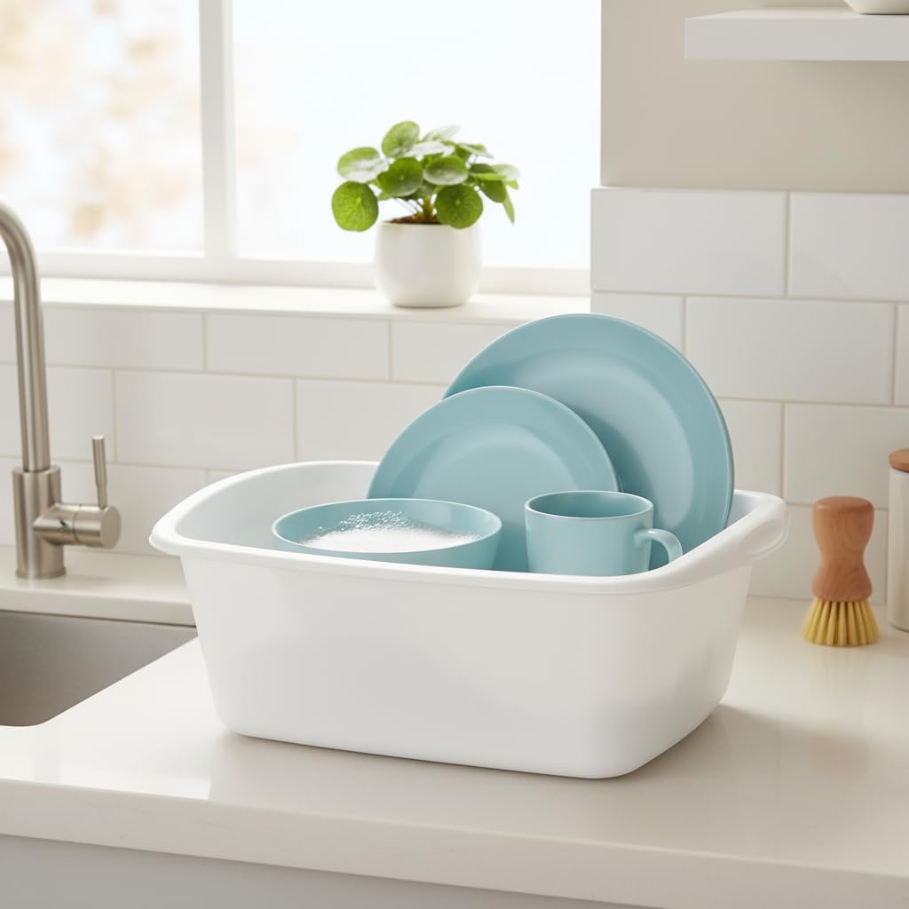 Dish Pans for Kitchen Sink, Plastic Tub Dishpan Wash Basin and Foot Bath for Soaking Feet, Wash Bucket for Washing and Storage Cleaning Supplies - 12 Quarts - Heavy Duty (White, 8)