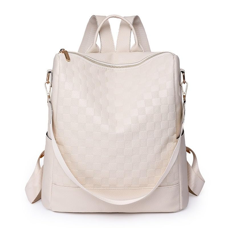 Mochila Feminina em Couro Sintético, Design Quadriculado, Alça Dupla Conversível, Preta (branco)
