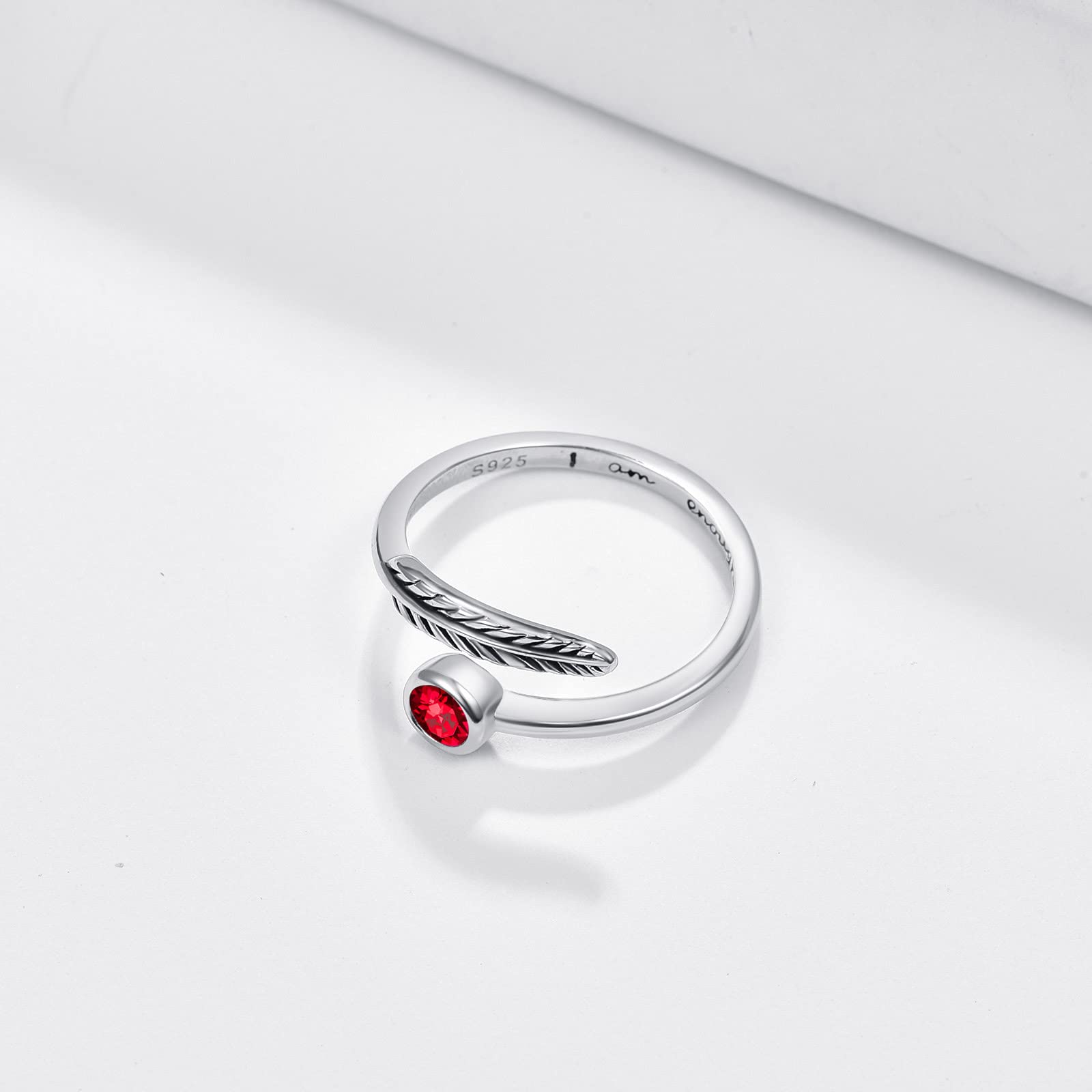 Birthstone Adjustable Open Feather Ring 925 Sterling Silver Birth Stone Ring Jewelry Gift Birthday Gift for Mom Women Wife Girls