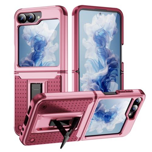Jeylly Compatible with Galaxy Z Flip 6 Case, for Samsung Z Flip 6 Phone Case with Kickstand & Hinge Protection, Dual Layer Hybrid Shockproof Anti Scratch PC Slim Women Stylish Cover, Red/Pink