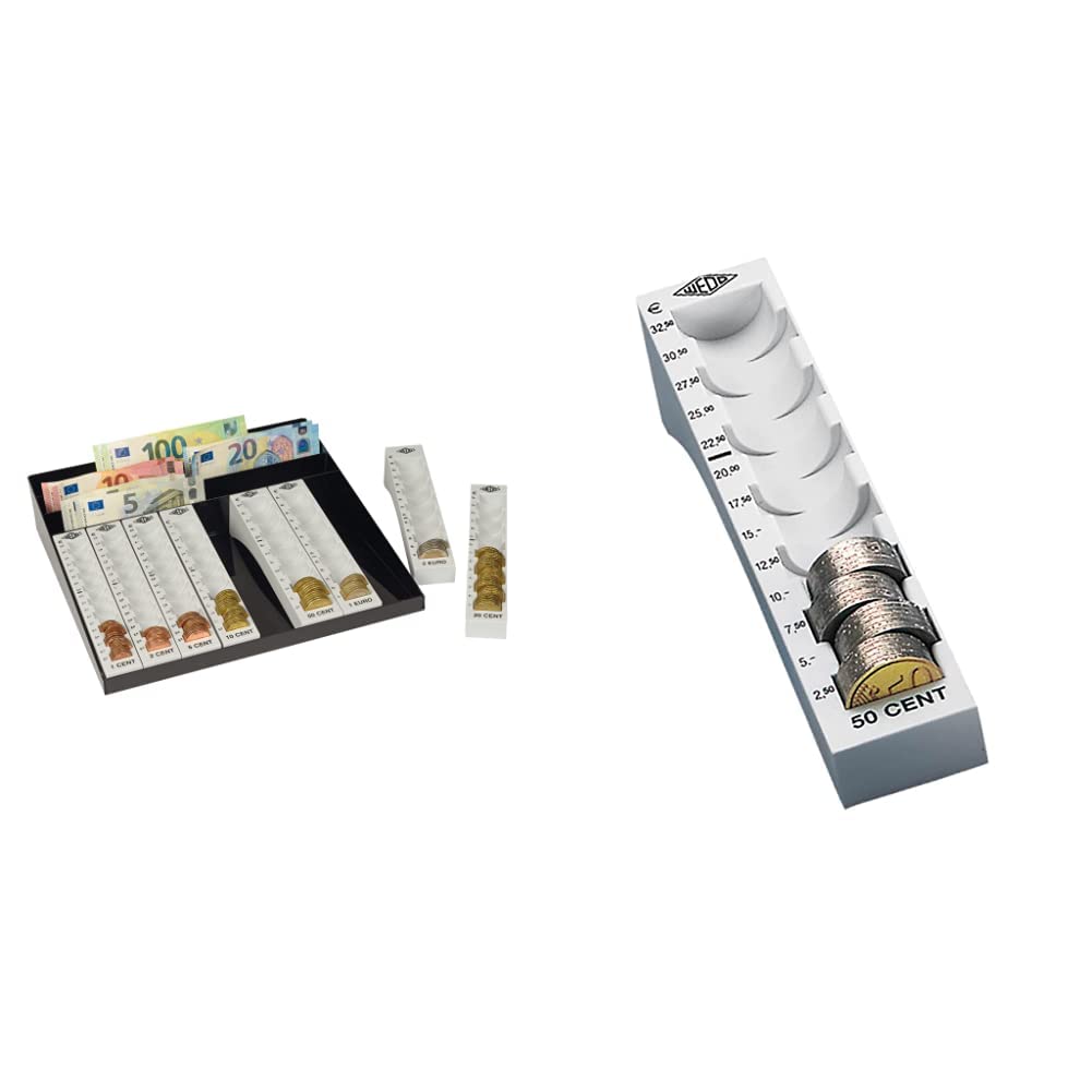 Wedo Geld-Zählbrett aus Polystyrol, 27,8 x 27 x 6 cm & 160705037 Münzrille (0,50 Euro, 50 Cent, Kunststoff für 65 Münzen mit Markierungen 18 x 4,5 x 3,75 cm) lichtgrau