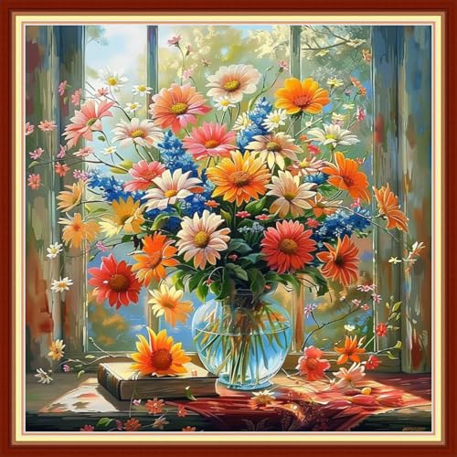 Image of Joyhoor Cross Stitch Kits for Beginners Stamped Cross-Stitch Supplies Needlework preprint Embroidery Kits for Adults DIY Needlepoint Kit Embroidery Patterns 11CT-Flowers in Front of Window 18x18 inch