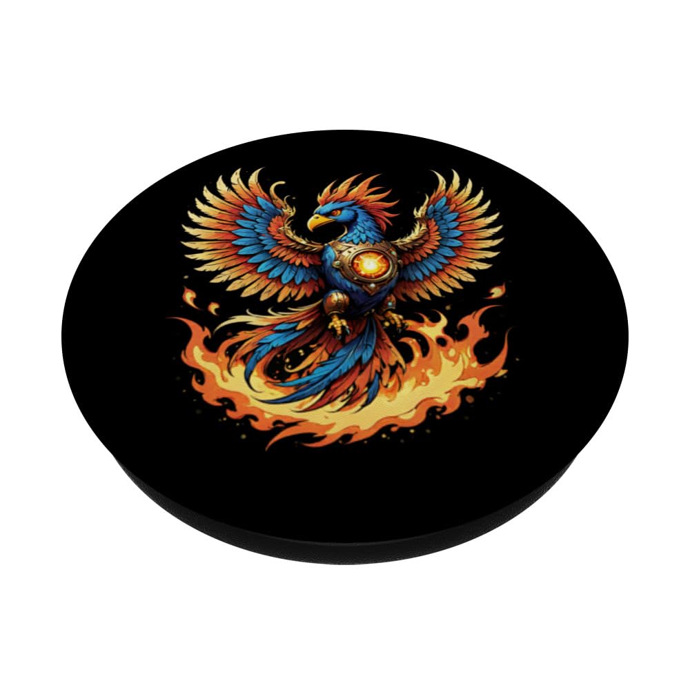 Illustrated Vintage Steampunk Flaming Phoenix Rising PopSockets Swappable PopGrip, Black - Image 2