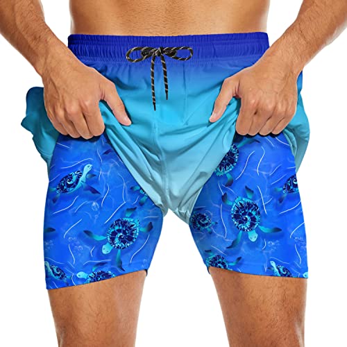 Turtle Mens Swim Trunks with Compression Liner Board Shorts Blue Gradient Men Swimming Trunks Swimwear 7 Inch Inseam