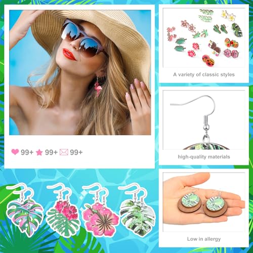 Nosiny 36 Pairs Tropical Earrings Bulk for Women Hawaiian Summer Earrings Acrylic Dangle Green Palm Leaf Coconut Green Plant Pineapple Flamingo Jewelry Gifts for Nature Lover3