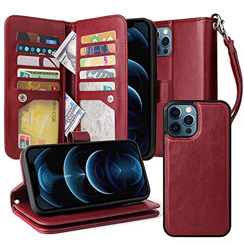 navor Magnetic Detachable Wallet Case [RFID Protection] [10 Card Pockets] [3 Money Pockets] Compatible for iPhone 12 Pro Max [6.7 Inch] JOOT-3L Series [Maroon]