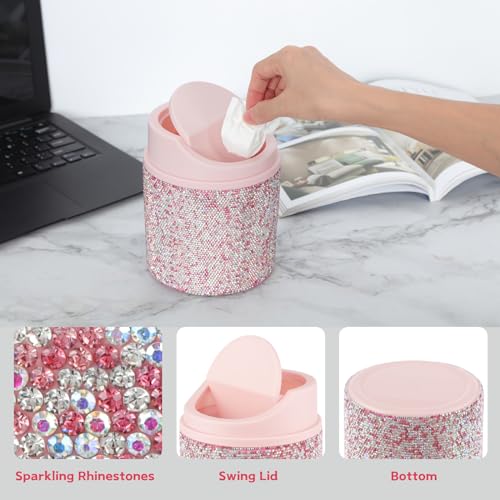Image of KEYPOWER Bling Rhinestone Mini Plastic Trash Can Cute Small Waste Can with Swing Lid,Suitable for Home Countertop,Car,Table Desk,Office (Pink)