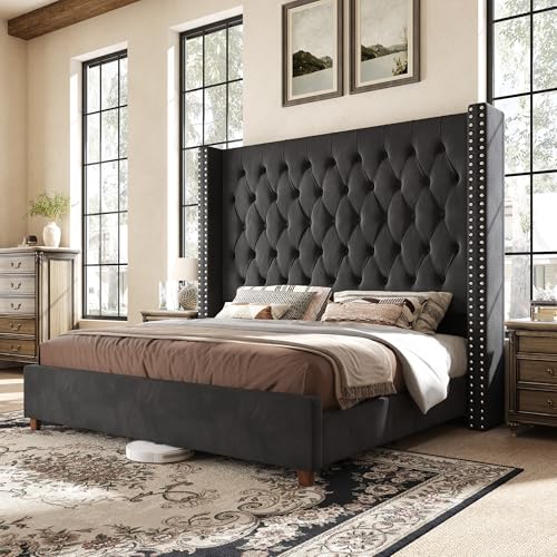 PaPaJet Queen Size Bed Frame with 61.4' Tall Wingback Design Headboard, Velvet Upholstered Platform, Handmade Deep Button Tufting, Solid Wood Legs, No Box Spring Needed, Black