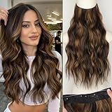 KooKaStyle Invisible Wire Hair Extensions with Transparent Headband Adjustable Size 4 Secure Clips Long Wavy Highlight Hairpiece 20 Inch H2/426alayage Dark Brown to Chestnut for Women