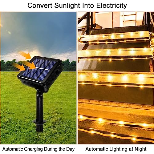 GHONLZIN Solar String Lights Outdoor Rope Lights 33ft 8 Modes 100 LEDs Solar Powered Waterproof Rope Lights for Garden Wedding Christmas Party Holiday Decorations (12M-Warm White) - Image 3