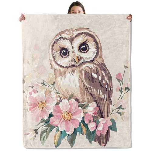 wyxdwh Sweet Owl Blanket Cozy Flannel Charming Owls and Pink Flowers Throw Blanket for Couch Outdoor Plush Soft Lightweight Travel Blankets for Bed Decor and Gifts for Women Adults Kids 50x60