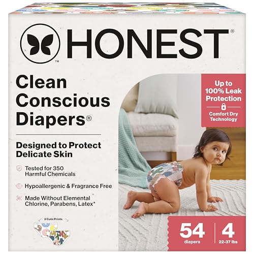 Image of The Honest Company Clean Conscious Diapers for Sensitive Skin | Hypoallergenic, Fragrance Free | Gender Neutral Prints | Club Box, Size 4 (22-37 lbs), 54 Count