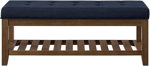 Miniatura 4 de 24KF Banco otomano grande tapizado rectangular de tela de lino, banco acolchado con estante de madera maciza, color azul marino