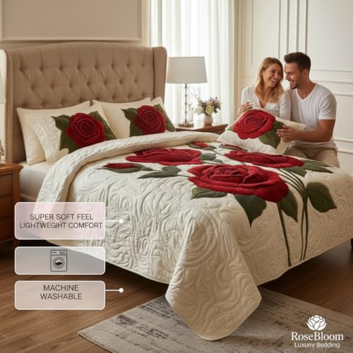 Image of Decor Well 7d Bedsheet for Double Bed King Size with 2 Pillow Covers, Polycotton 220 TC Super Soft & Breathable, Wrinkle Free Red Rose-4 Printed Bedsheet Set (90x100 Inch)