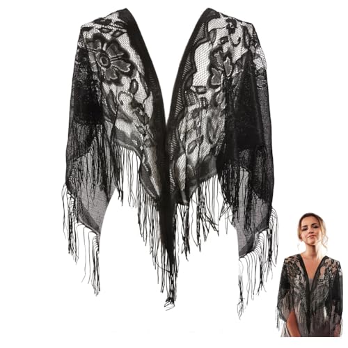 Black Floral Lace Shawl Wrap Triangle Lace Shawls and Wraps with Tassel Fringe Flower Pattern Hollow Breathable Solid Mesh Soft Summer Scarf for Women Formal Wedding Party Dress Accessories