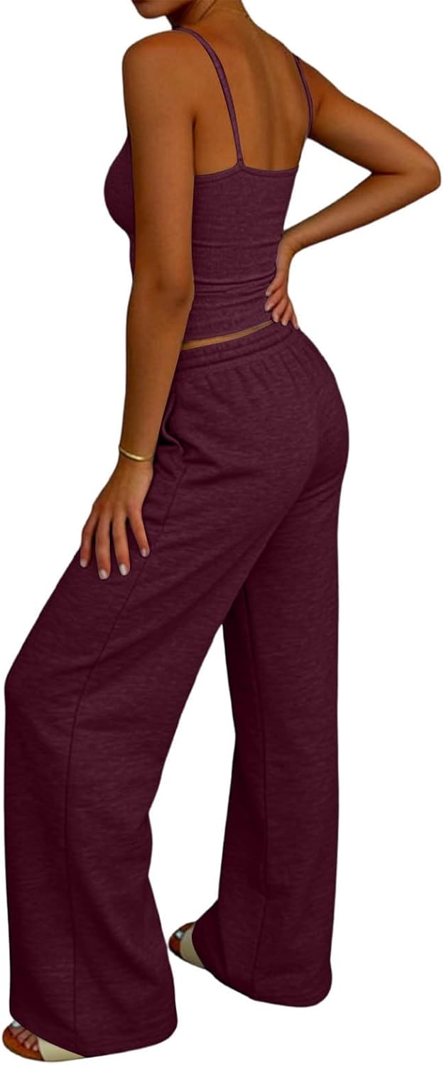 Oplxuo Womens Two Piece Ribbed Lounge Short Sets Spaghetti Strap Tank Tops Wide Leg Pants Casual Airport Travel Outfits