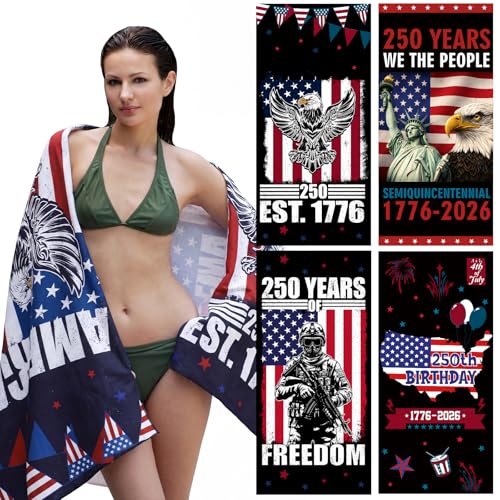 Haull 4pcs 250th Anniversary Microfiber Beach Towel 75 x 35 Soft Oversized America USA 1776-2026 250 Years Pool Bath Towels 4th of July Patriotic Absorbent Quick Dry Camping for Bathroom Gym Yoga
