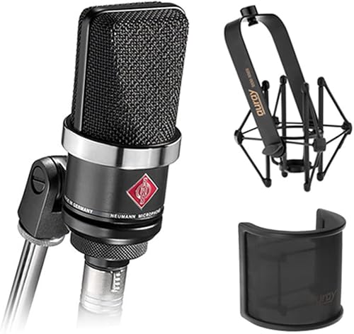 Neumann TLM-102 Micrófono de condensador de estudio de diafragma grande (negro) con montaje de choque de suspensión y filtro pop