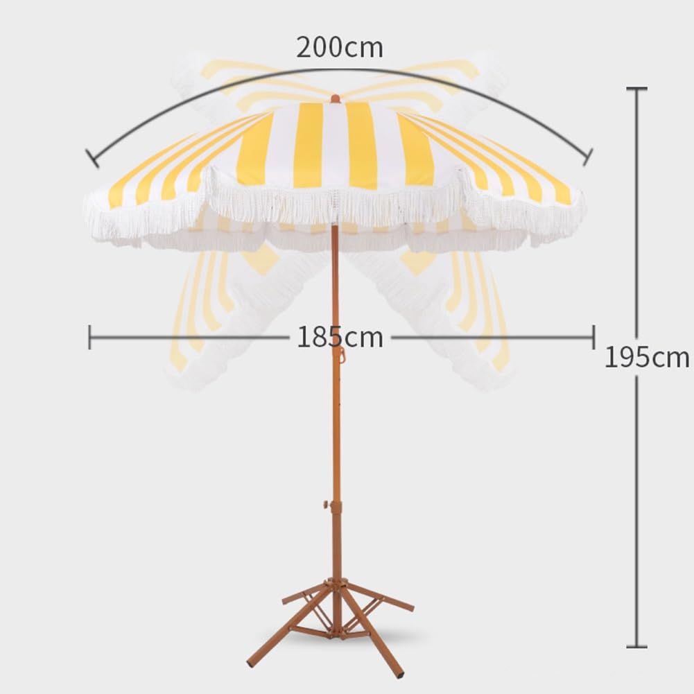 Ombrellone da Spiaggia con Frange da 200 cm, Strisce Gialle e Bianche, Inclinabile, per Piscina, Prato, Giardino e Terrazza, UPF 50+