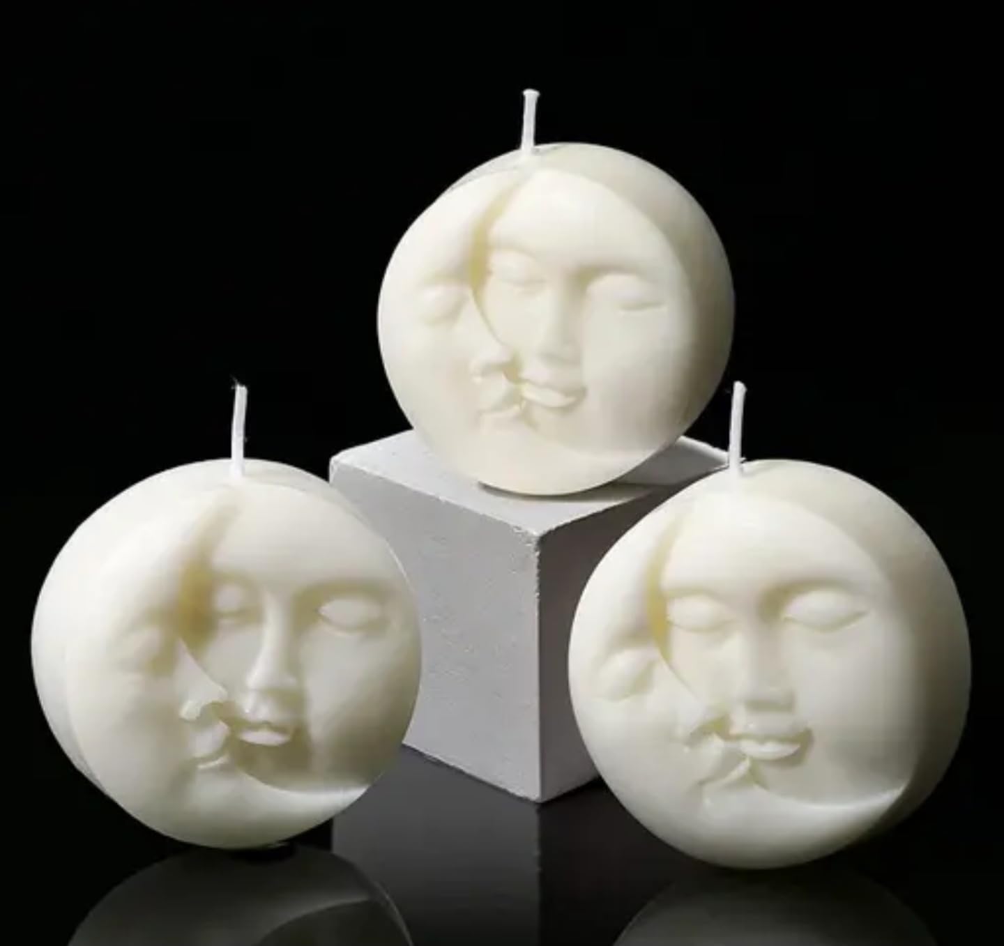 Decorative Moon Face Candle, Round White Wax, 3-Piece Set