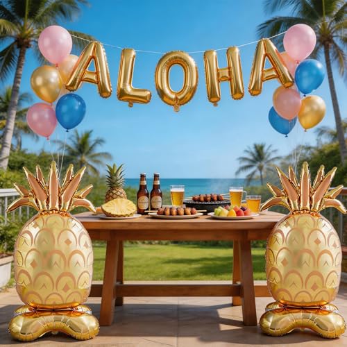 Image of PHOGARY 2 Pcs Big Pineapple Balloons, Standing Inflatable Hawaiian Foil Balloon for Summer Beach Pool Luau Hawaiian Aloha Party Decoration Birthday Fruit Themed Party Supplies