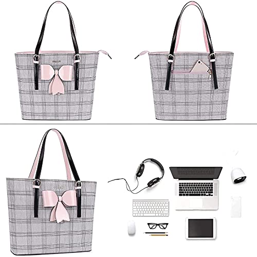 MOSISO Laptop Tote Bag Compatible with MacBook Air 15 inch M3 A3114 M2 A2941/Pro 16 inch 2025-2019,15-15.6 inch Notebook, PU Leather Large Capacity Work Bag Travel Handbag with Grid MO-GID002LTBR2