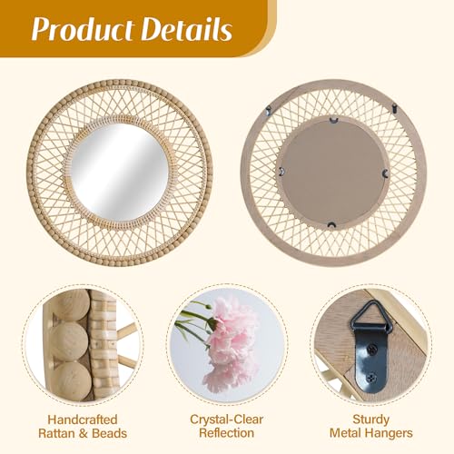 Image of Round Beaded Rattan Wall Mirror - 28x28 Inch Boho Elegance with Woven Frame and Wooden Bead Trim, Decorative Mirror for Bathroom Vanity Entryway Living Room