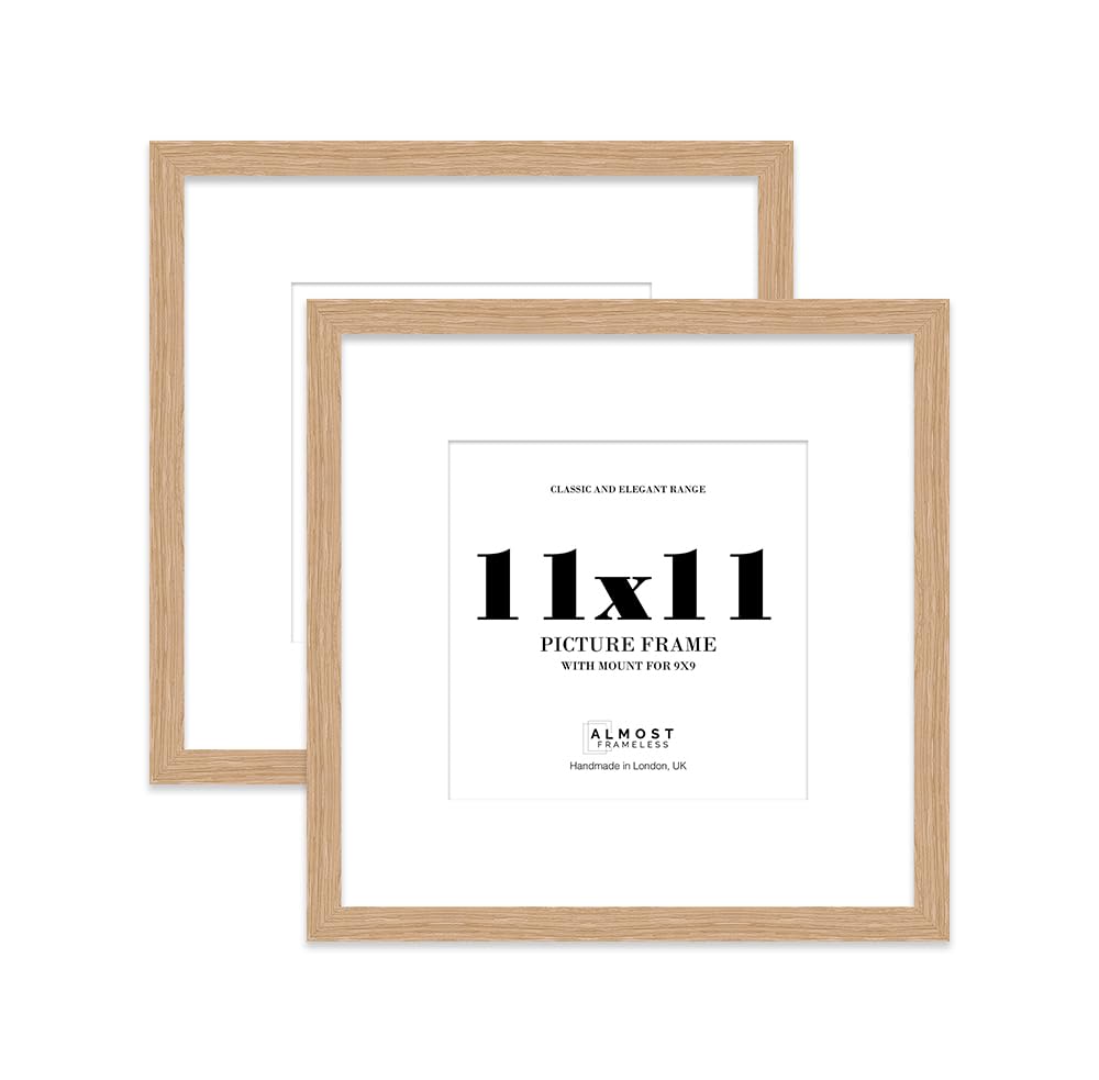 11x11 Oak Picture Frame with Mount for 9x9 Photos, Prints - Modern Square Wall Frame, Set of 2