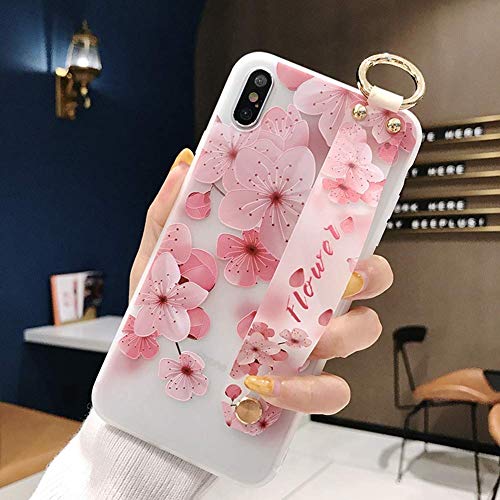Robinsoni Case Compatible with iPhone XS Semi-Transparent Floral Flower Pattern Cover for Girls Women TPU Silicone Wrist-Band & Mental Ring Case Glitter Floral Cover Shockproof Bumper Back Case