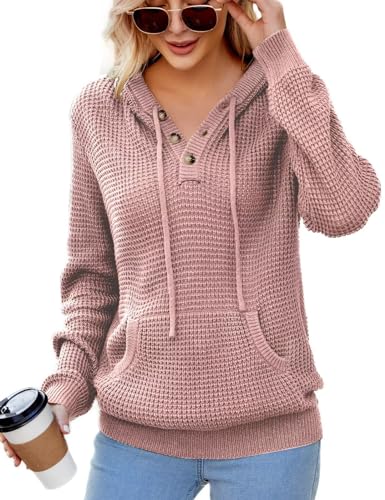 Image of CiCiBird Women's Fall Hoodies Sweater V Neck Waffle Knit Top with Pocket | Loose Fit, V Neck Button, Adjustable Drawstring, Long Sleeve, Kangaroo Pocket, Weekend Errands, Daily Wear, Work Casual