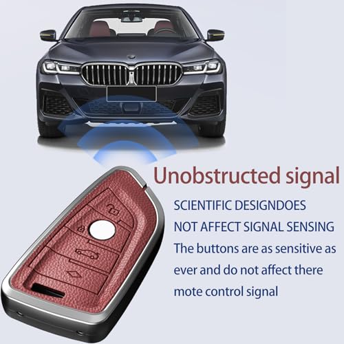 Image of Car Key Fob Shell Cover Compatible with BMW | for 2 3 5 6 7 8 Series X1 X2 X3 X4 X5 X6 X7 Z4,Metal Case Protection with Premium Leather(Bordeaux Red)