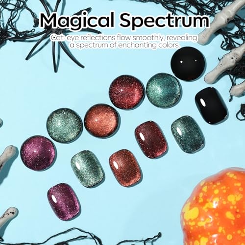 Image of Modelones Cat Eye Gel Nail Polish, 6 Colors Halloween Red Green Purple Orange Blue Gel Polish Set with Magnet Nail Stikers Glitter Nail Polish Kit Black Base Soak Off Led Nail Art Manicure Salon DIY