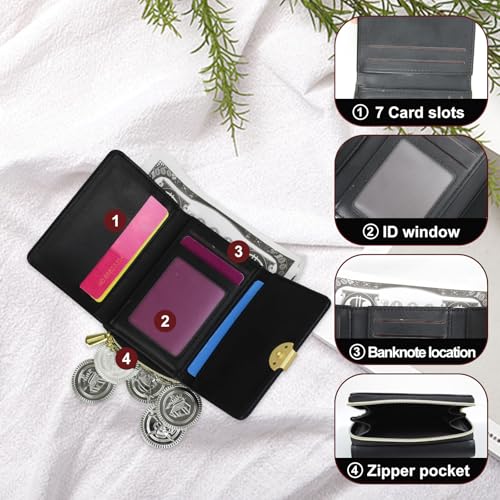 Small Wallets for Women, PU Leather Trifold Wallets with Zip Pocket Multi Functional Fashion Card Holder Wallet (Black)3