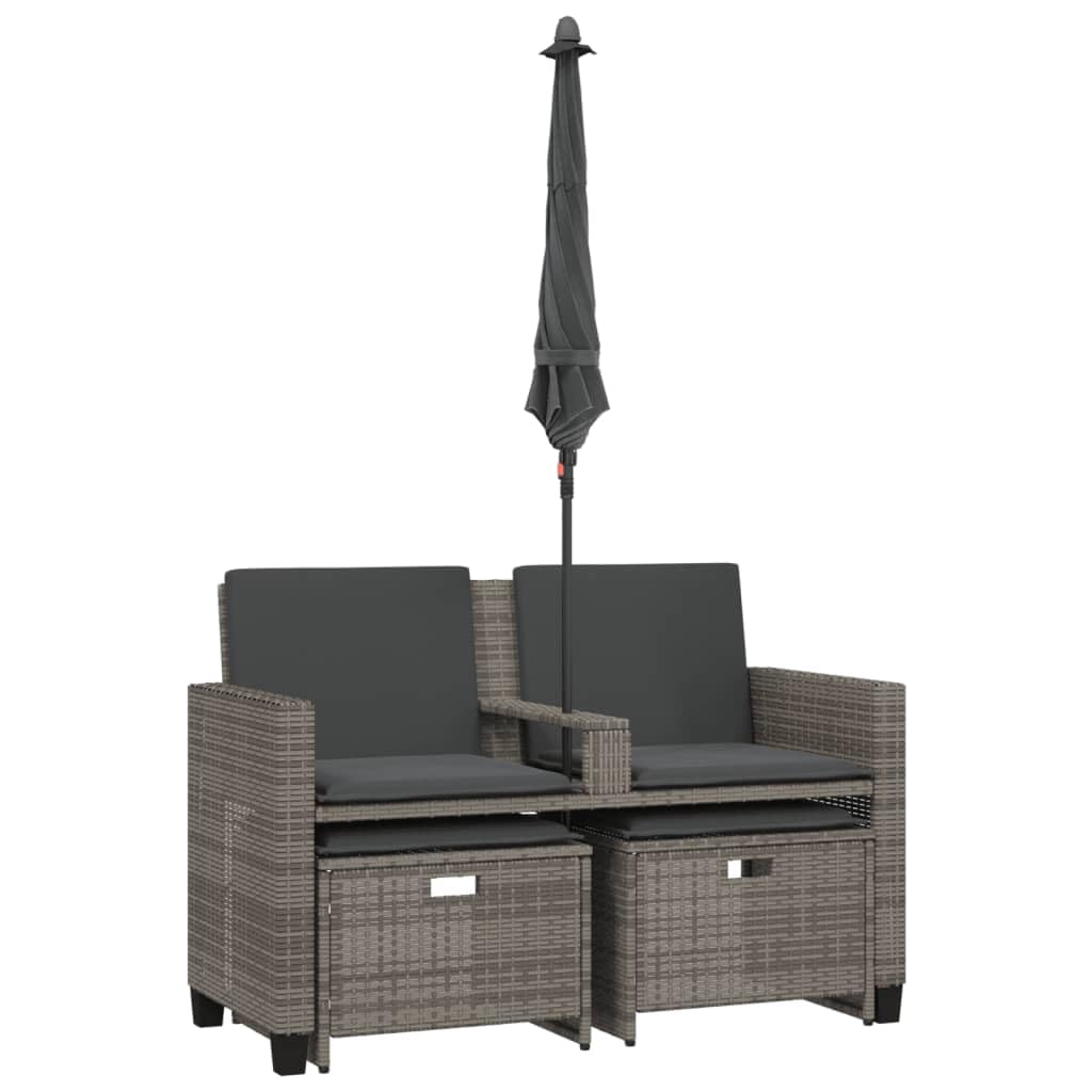 Hothingwell Sofa ogrodowa 2-osobowa szara rattanowa z parasolem | Podnóżek w zestawie, zdejmowany pokrowiec, stalowa rama, kompaktowe przechowywanie