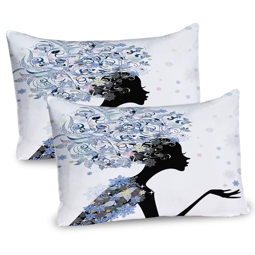 Ambesonne Retro Pillow Sham Set of 2, Illustration of a Flower Haired Girl and Snowflakes Design Pattern Print, Quality Microfiber Bedding Item for All Seasons, 36