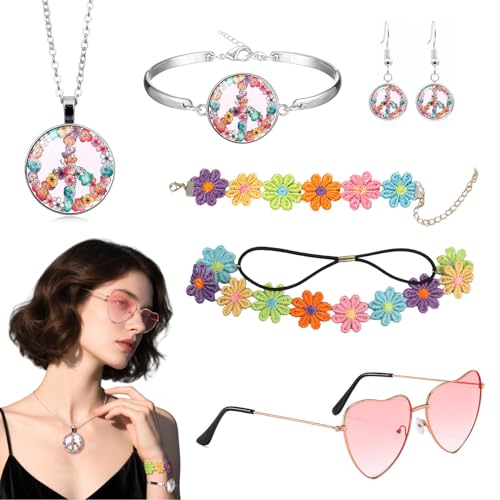 7 peças de acessórios de disfarce hippi, conjunto de disfarce hippie para mulher homem anos 60 e 70 colares e brincos com sinal de paz pulseiras diadema óculos hippie para festa carnaval temática