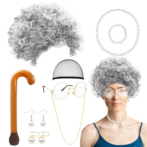 8pcs Old Lady Costume Set Granny Wig Set Including Glasses Necklace Inflatable Walking Stick Earring Bracelet Grandmother Fancy Dress for Christmas Halloween Cosplay