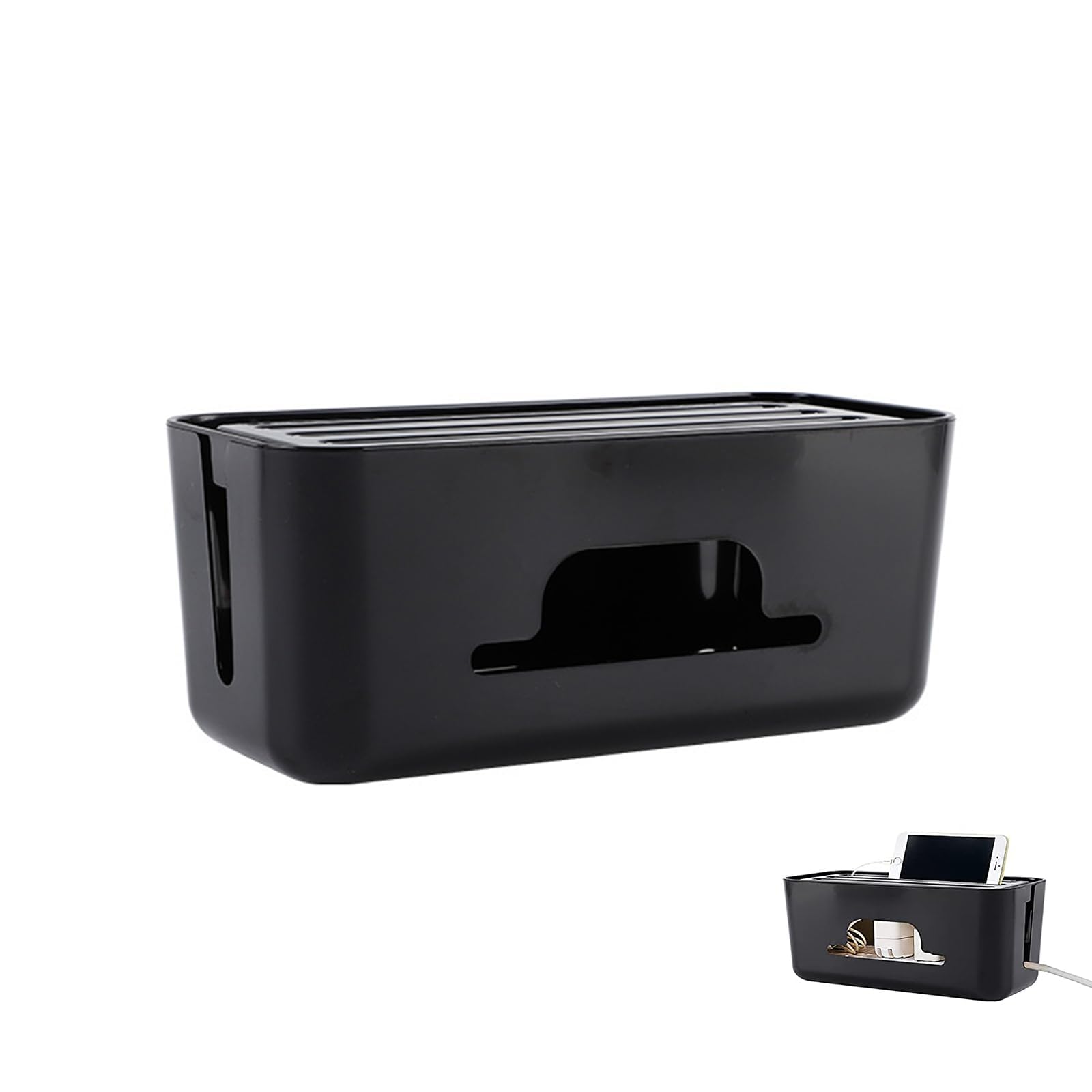 Cable Management Boxes, Extension Large Wire Organizer Box with Slotted Top for Tablets, High Utility Advanced Cable Management Box, Phones, Surge Protection for Home and Office (Black)