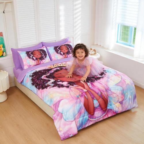Image of Twin Comforter Set for Girls 5 Piece Black Girl Bedding Set for Girls, Super Soft Microfiber Bed Set African American Princess Bed in a Bag with Comforter Sheets Pillowcase & Sham
