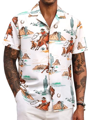 MYMORE Men's 2025 Western Cowboy Shirts Short Sleeve Vintaged Print Rodeo Button Up Shirt Summer Hawaiian Graphic Outfit