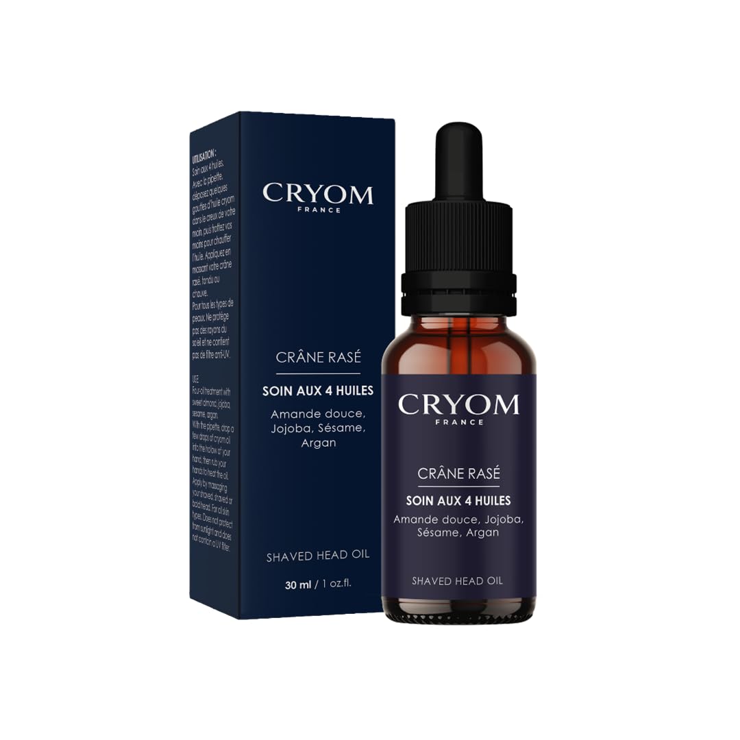 Huile pour crâne rasé, tondu ou chauve (huiles d'Amande douce, Jojoba, Sésame et d'Argan), flacon pipette de 30 ml, 99% d'ingrédients d'origine naturelle, cosmétique pour hommes.