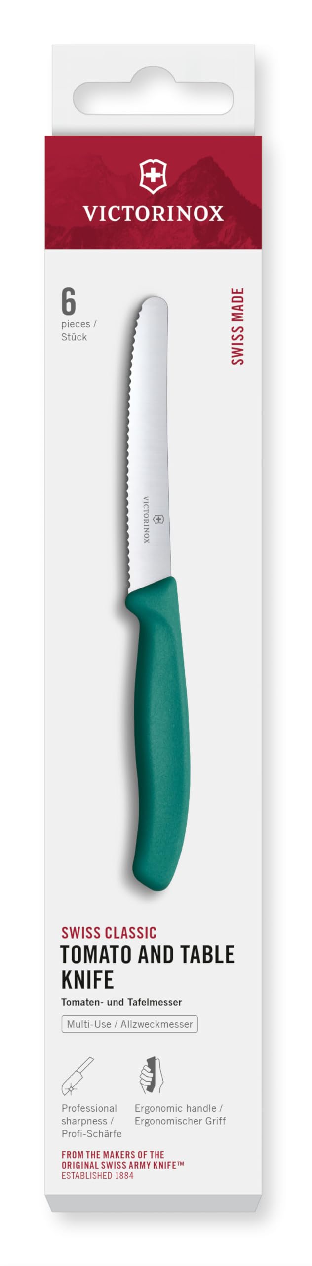 Victorinox Swiss Classic Lot de couteaux à tomates et de table pour pros, 6 pièces, Tranchant denté, Lames tranchantes, 11 cm, Poignées plastique solides, Vert